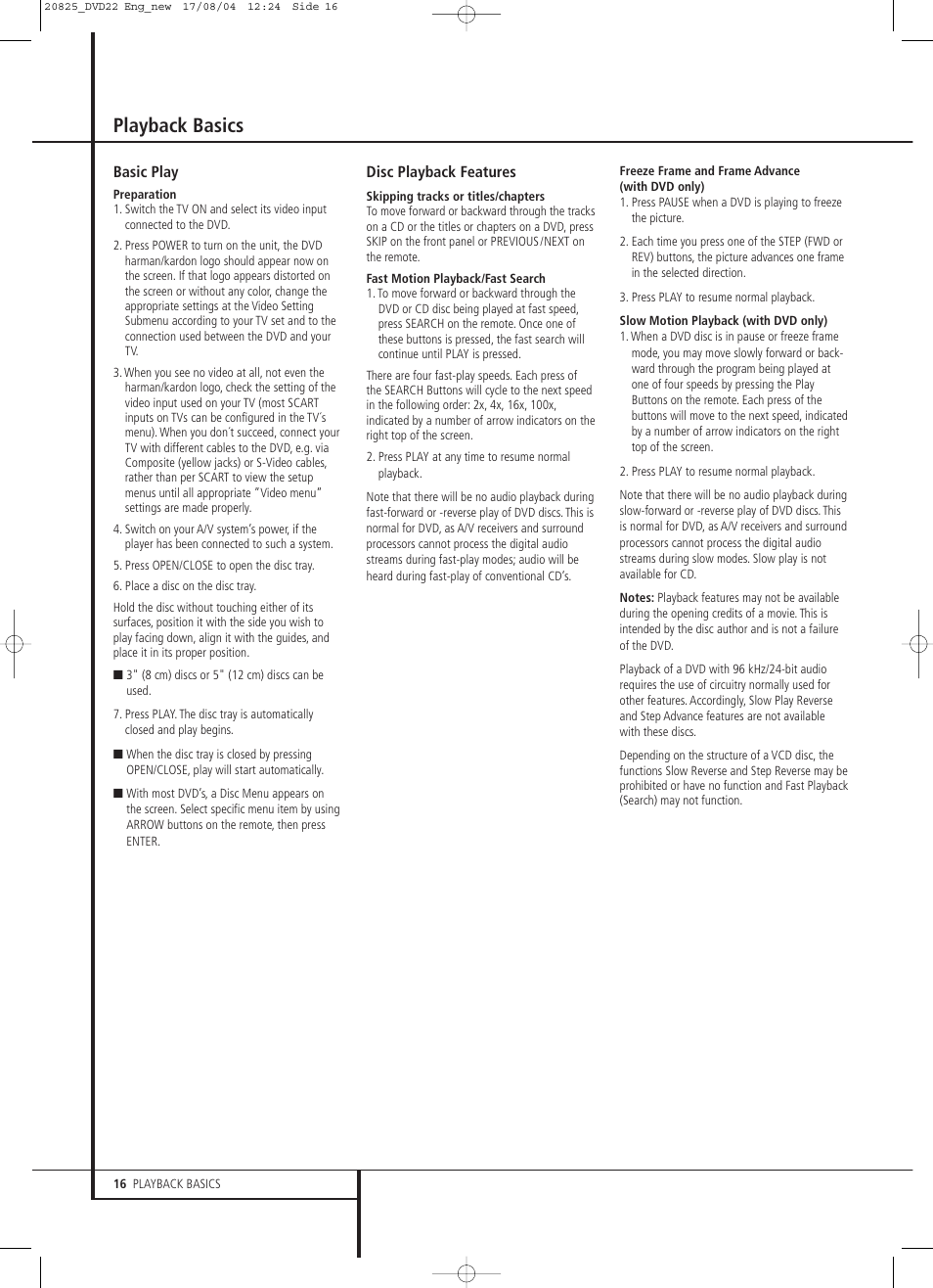 Playback basics | Harman-Kardon DVD 22 User Manual | Page 16 / 24
