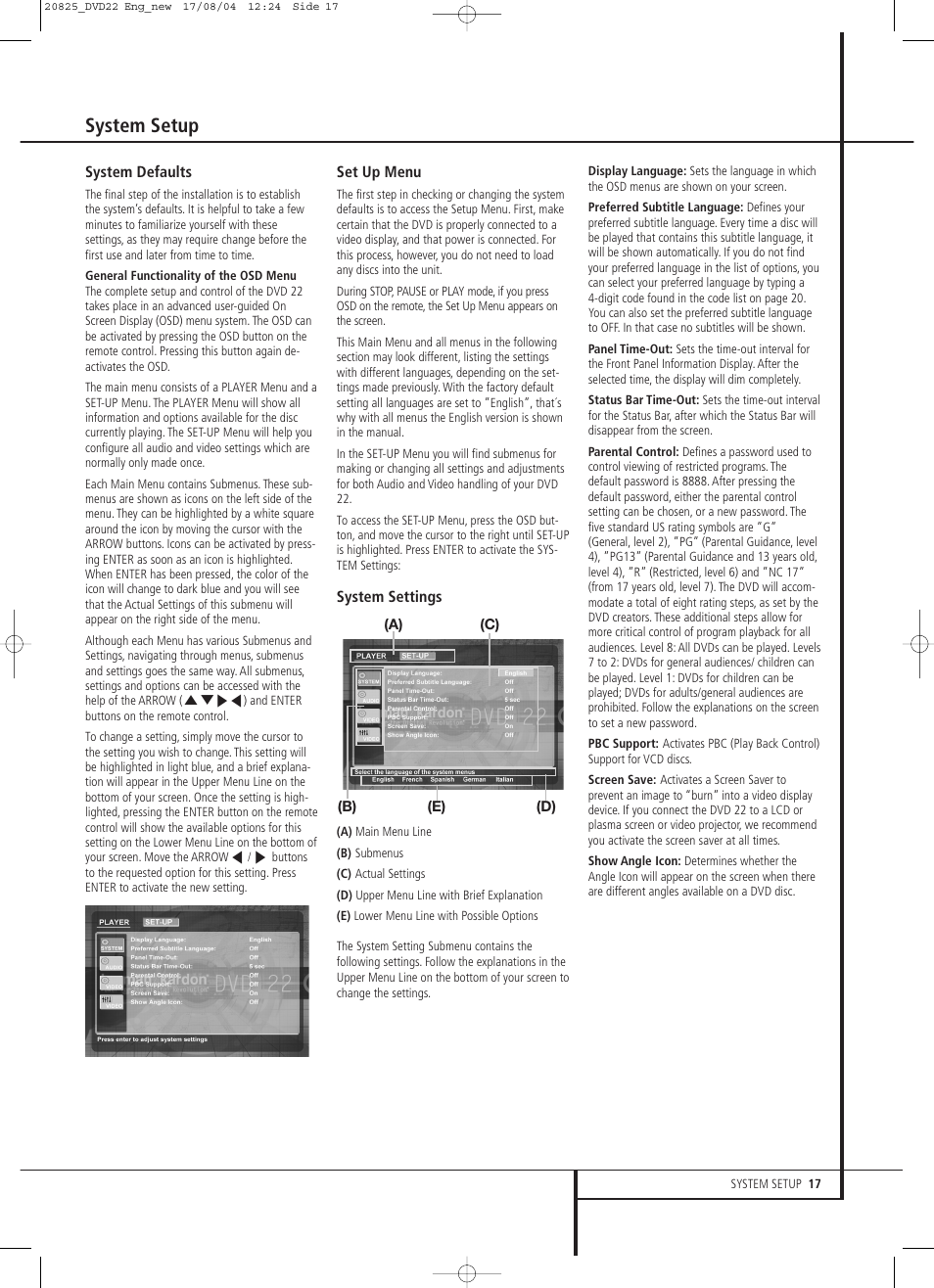 System setup | Harman-Kardon DVD 22 User Manual | Page 17 / 24