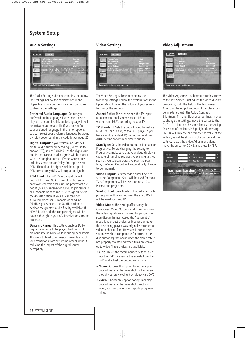 System setup | Harman-Kardon DVD 22 User Manual | Page 18 / 24