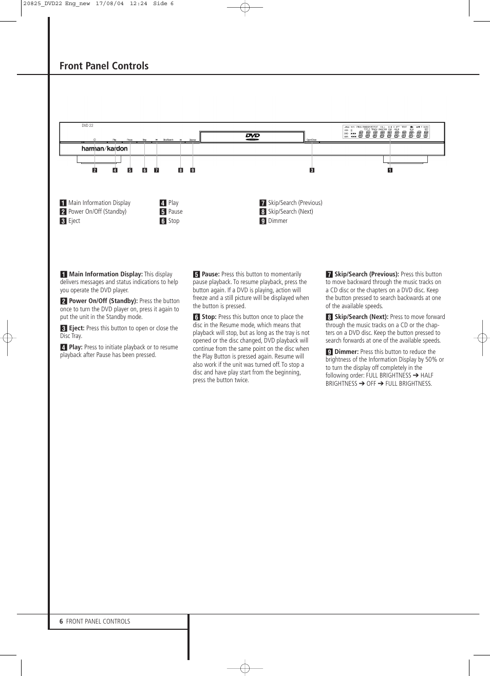 Front panel controls | Harman-Kardon DVD 22 User Manual | Page 6 / 24
