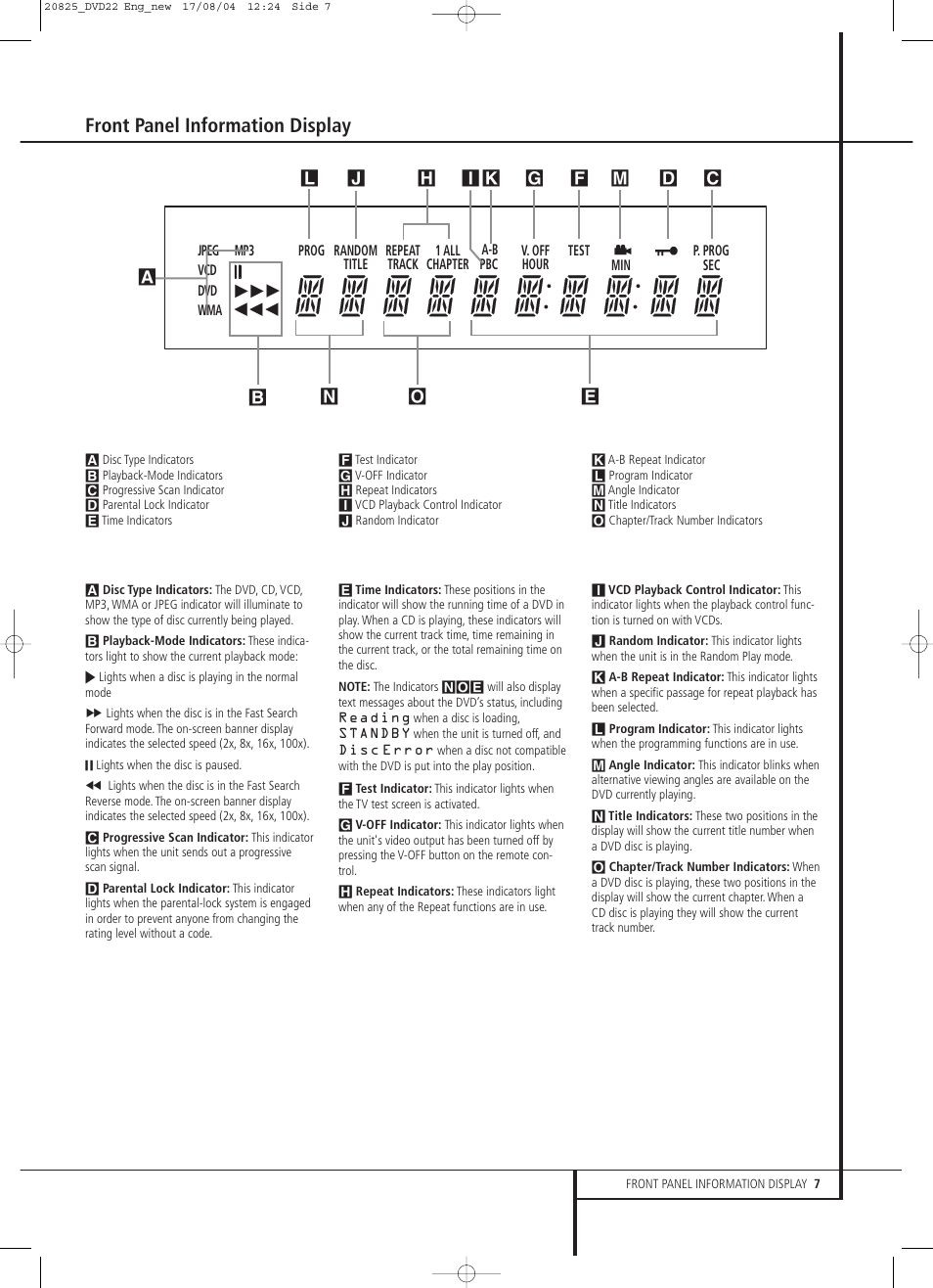 Front panel information display | Harman-Kardon DVD 22 User Manual | Page 7 / 24