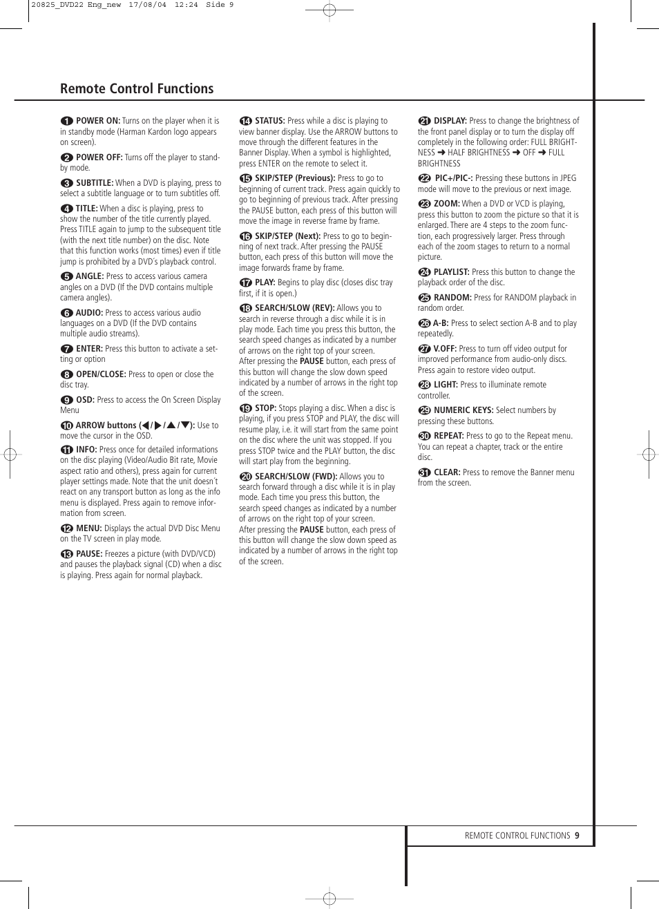 Remote control functions | Harman-Kardon DVD 22 User Manual | Page 9 / 24