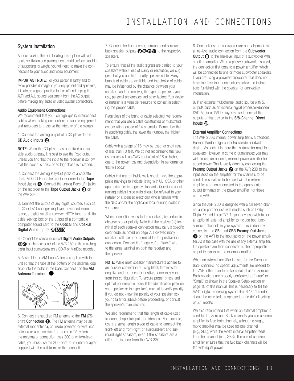 Installation and connections | Harman-Kardon AVR 230 User Manual | Page 13 / 52