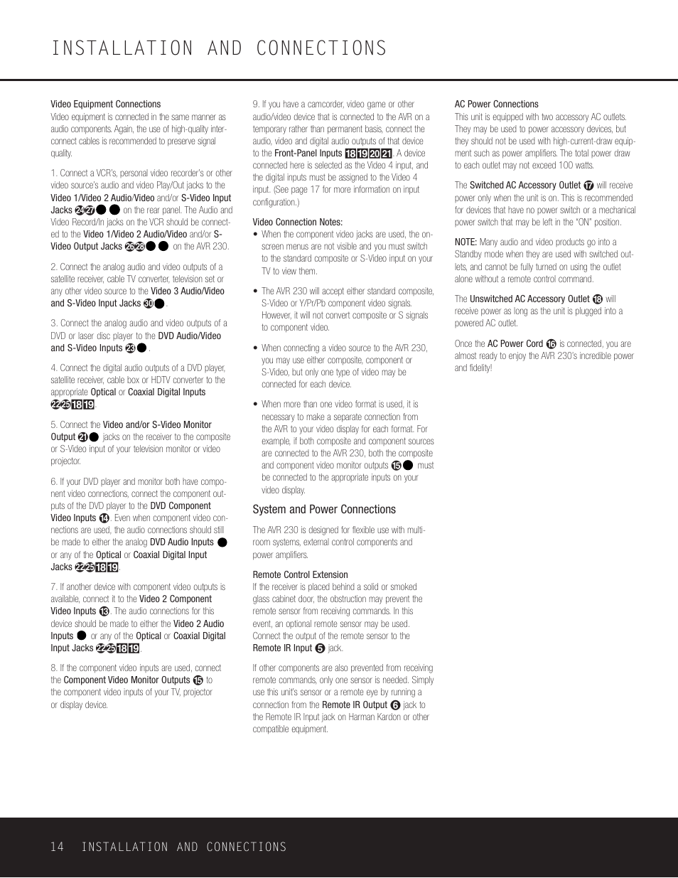 Installation and connections | Harman-Kardon AVR 230 User Manual | Page 14 / 52
