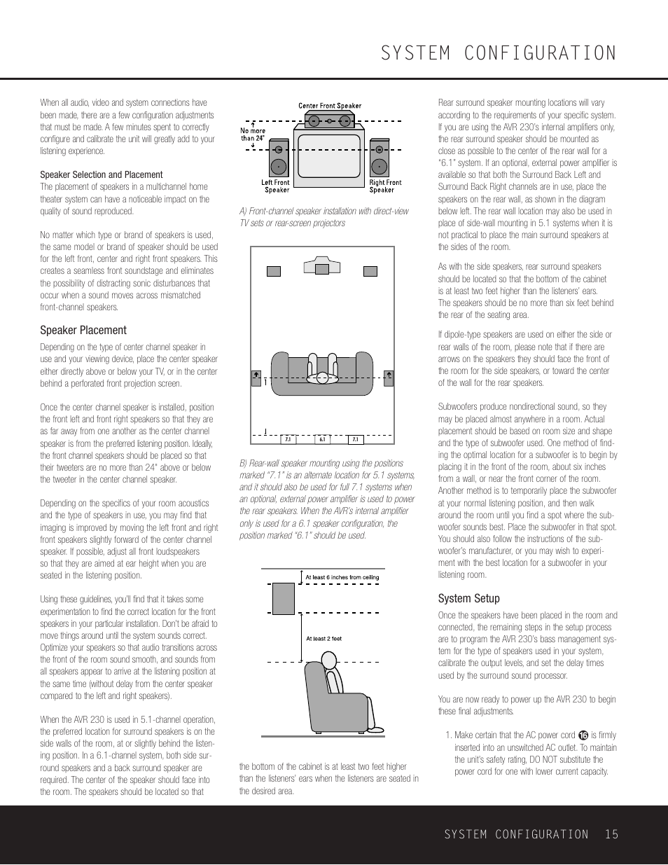 System configuration, System configuration 15, Speaker placement | System setup | Harman-Kardon AVR 230 User Manual | Page 15 / 52