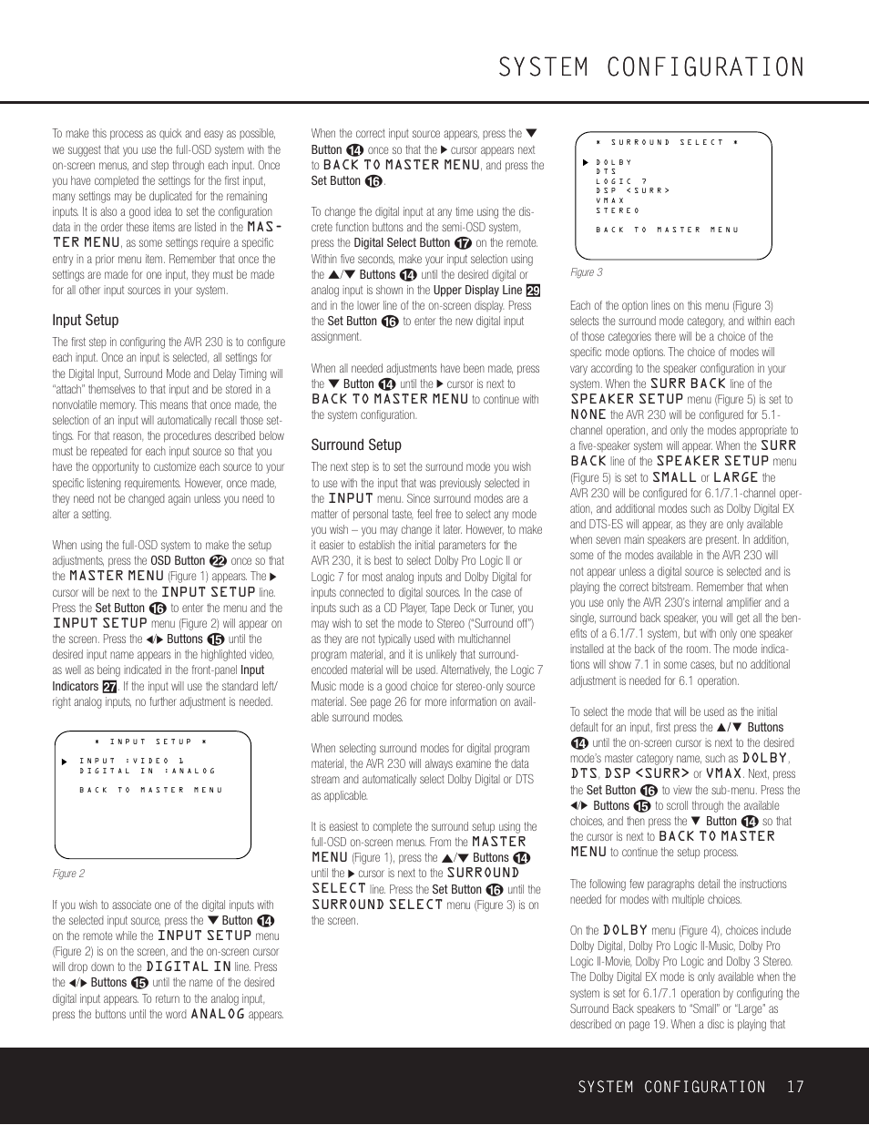 System configuration, System configuration 17, Input setup | Surround setup | Harman-Kardon AVR 230 User Manual | Page 17 / 52