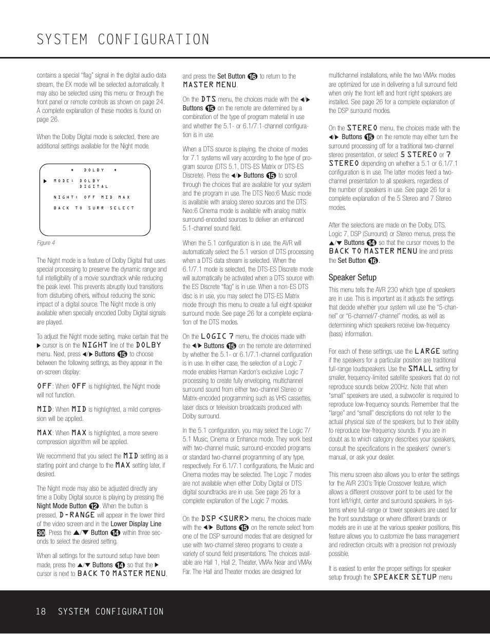 System configuration, 18 system configuration 18 system configuration, Speaker setup | Harman-Kardon AVR 230 User Manual | Page 18 / 52