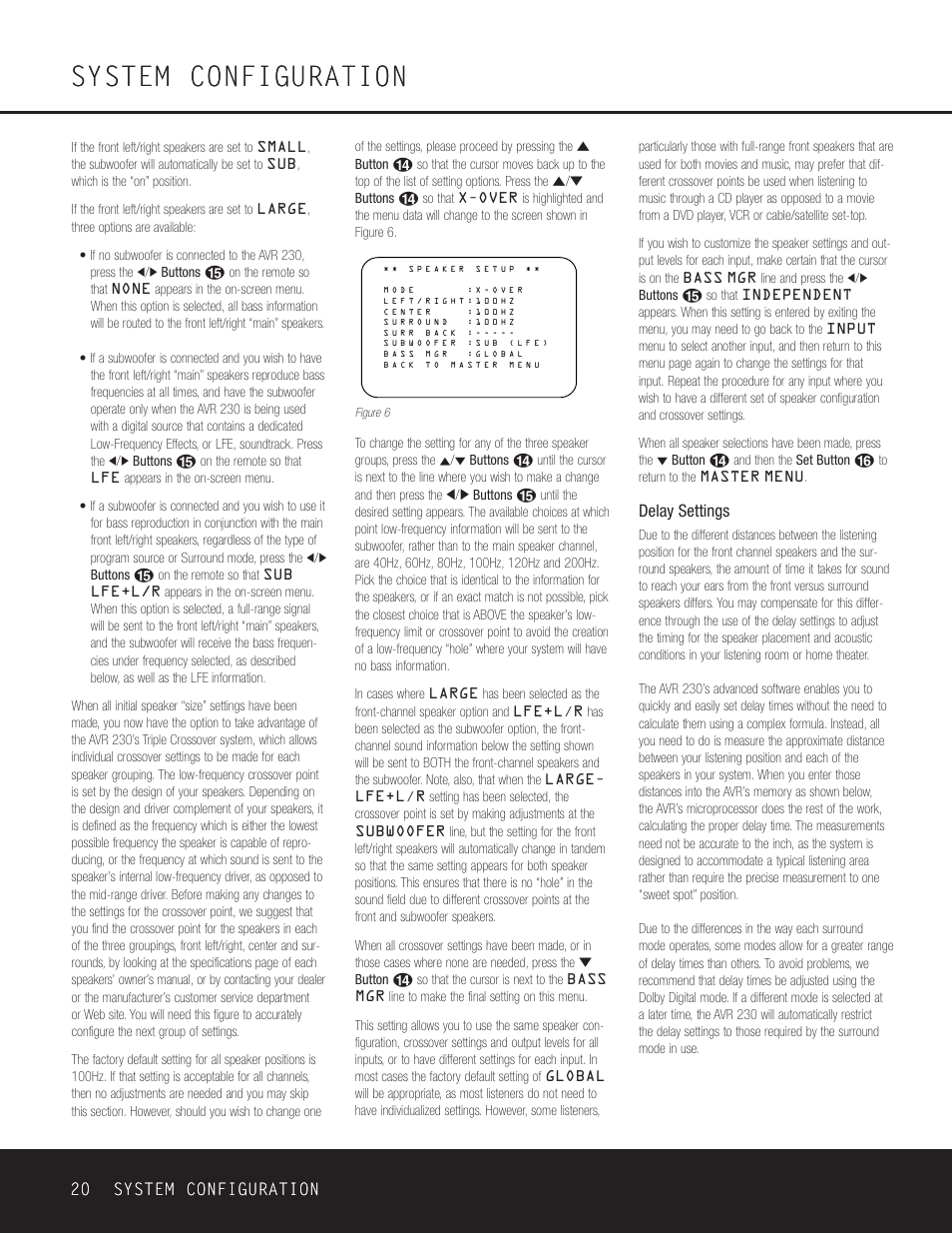 System configuration, 20 system configuration 20 system configuration, Delay settings | Harman-Kardon AVR 230 User Manual | Page 20 / 52