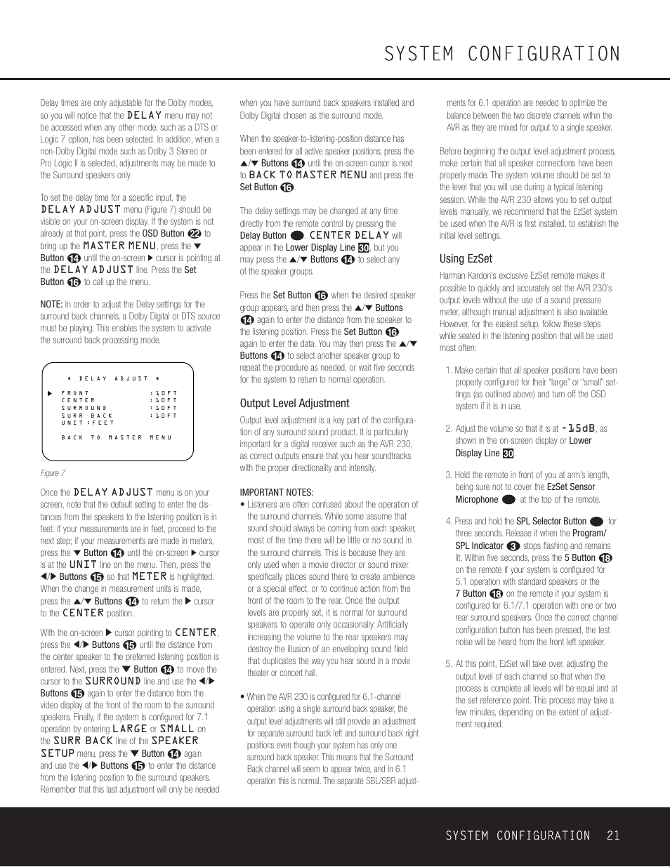 System configuration, System configuration 21, Output level adjustment | Using ezset | Harman-Kardon AVR 230 User Manual | Page 21 / 52