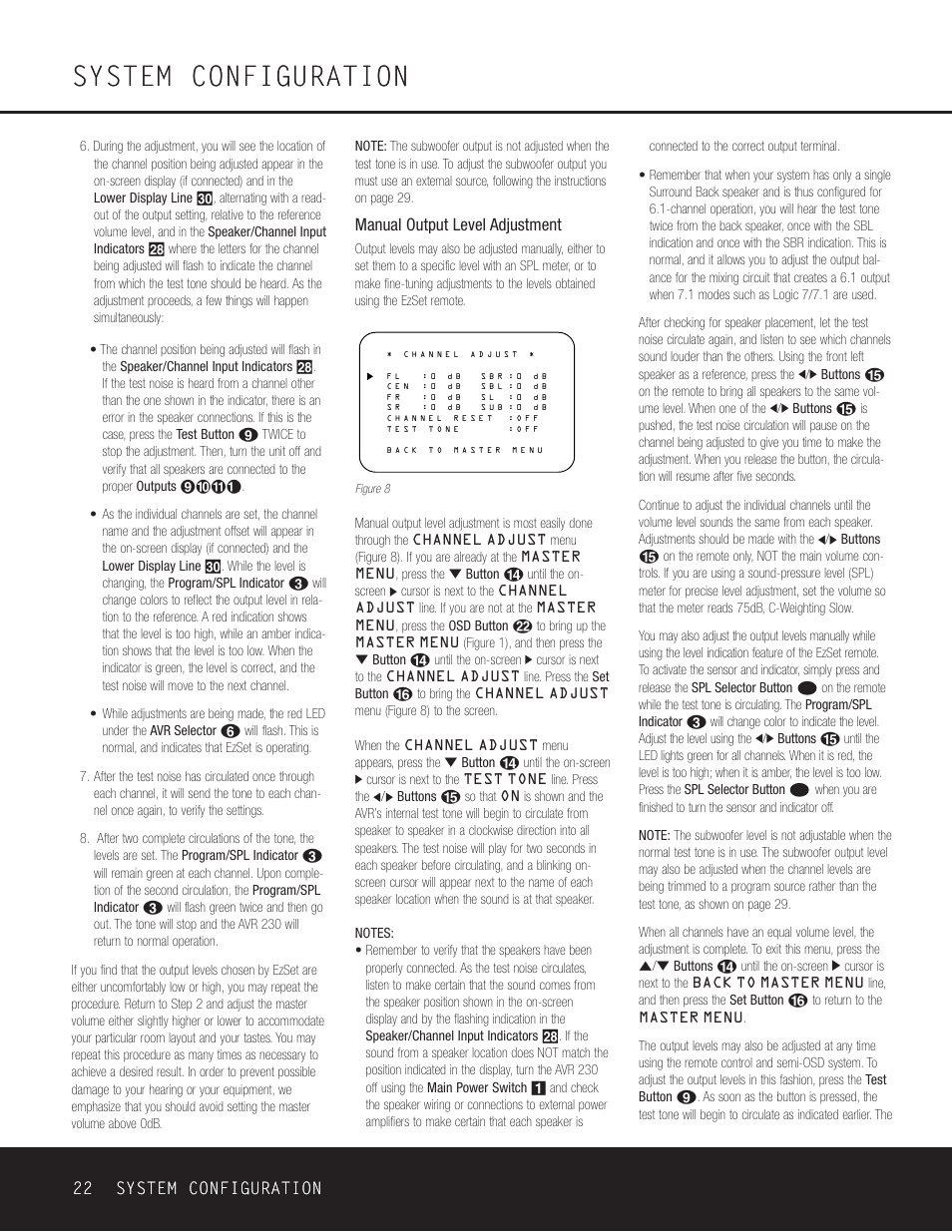 System configuration, 22 system configuration 22 system configuration, Manual output level adjustment | Harman-Kardon AVR 230 User Manual | Page 22 / 52