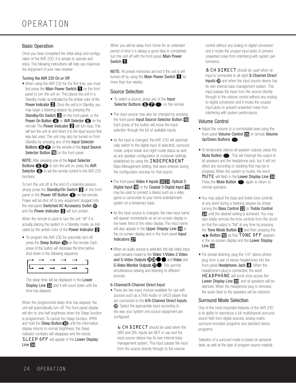 Operation, Basic operation, Source selection | Volume control, Surround mode selection, 24 operation | Harman-Kardon AVR 230 User Manual | Page 24 / 52