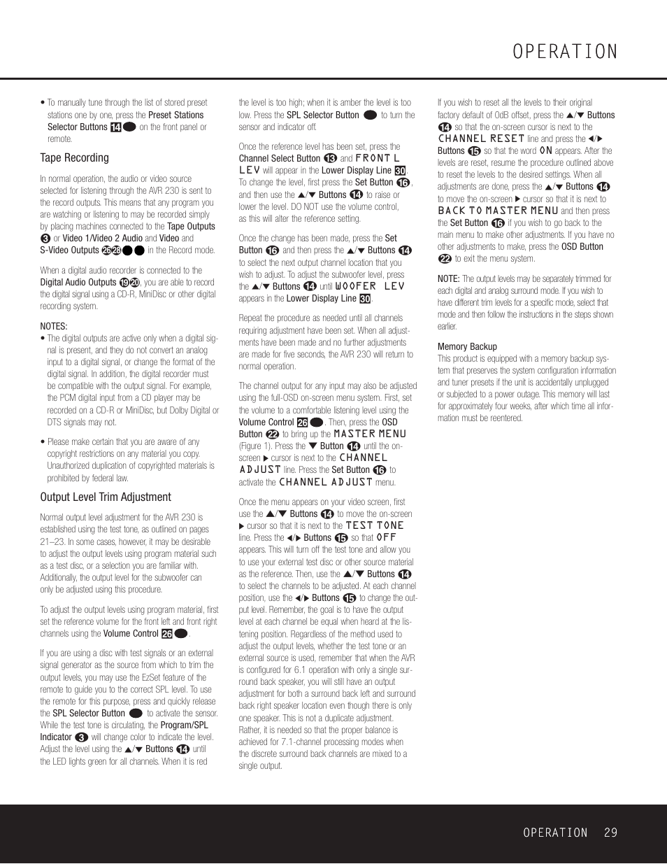 Operation, Operation 29, Tape recording | Output level trim adjustment | Harman-Kardon AVR 230 User Manual | Page 29 / 52