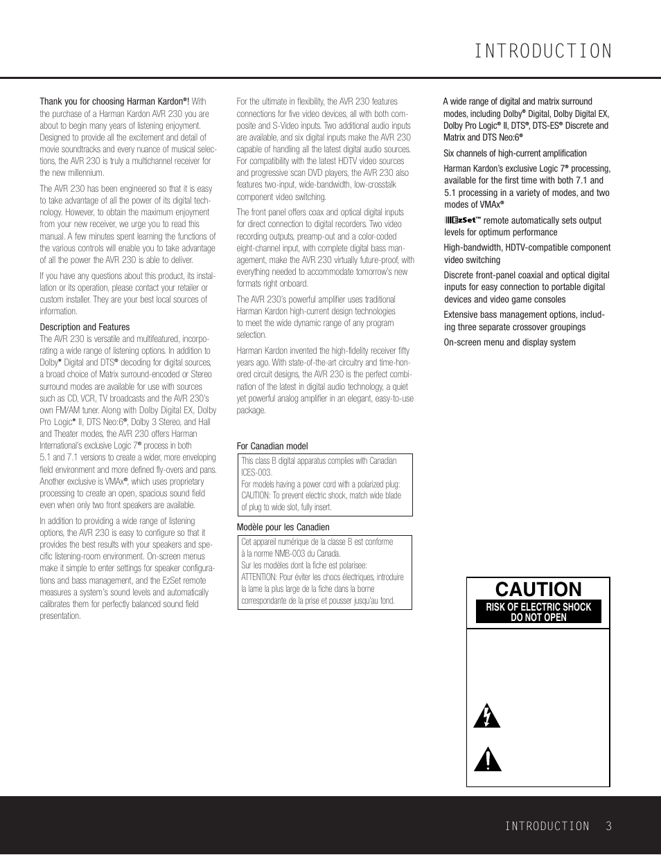 Introduction, Caution, Introduction 3 | Harman-Kardon AVR 230 User Manual | Page 3 / 52