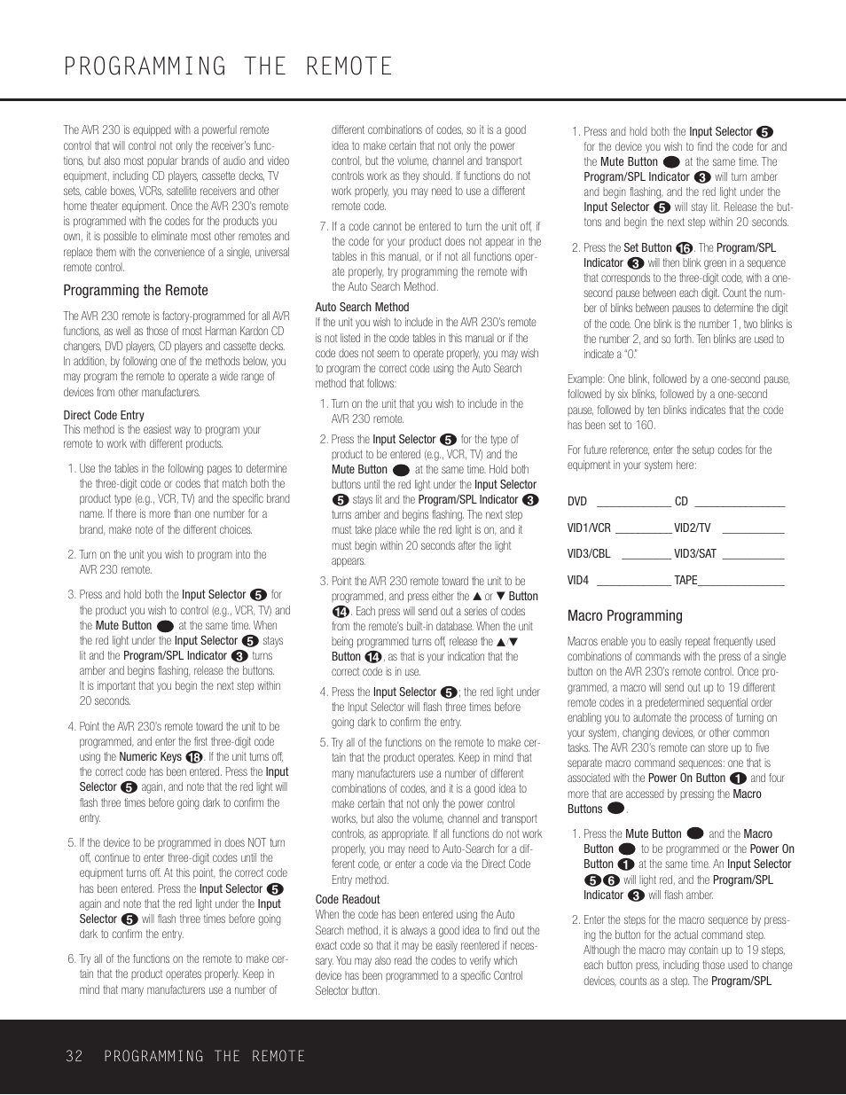 Programming the remote | Harman-Kardon AVR 230 User Manual | Page 32 / 52