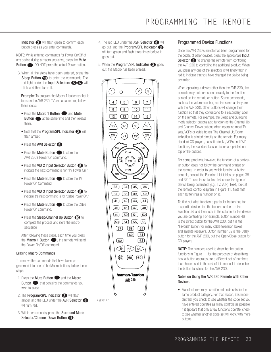 Programming the remote | Harman-Kardon AVR 230 User Manual | Page 33 / 52