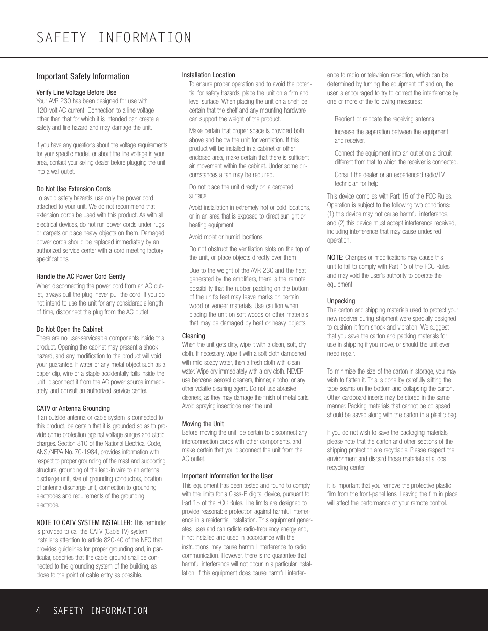 Safety information | Harman-Kardon AVR 230 User Manual | Page 4 / 52