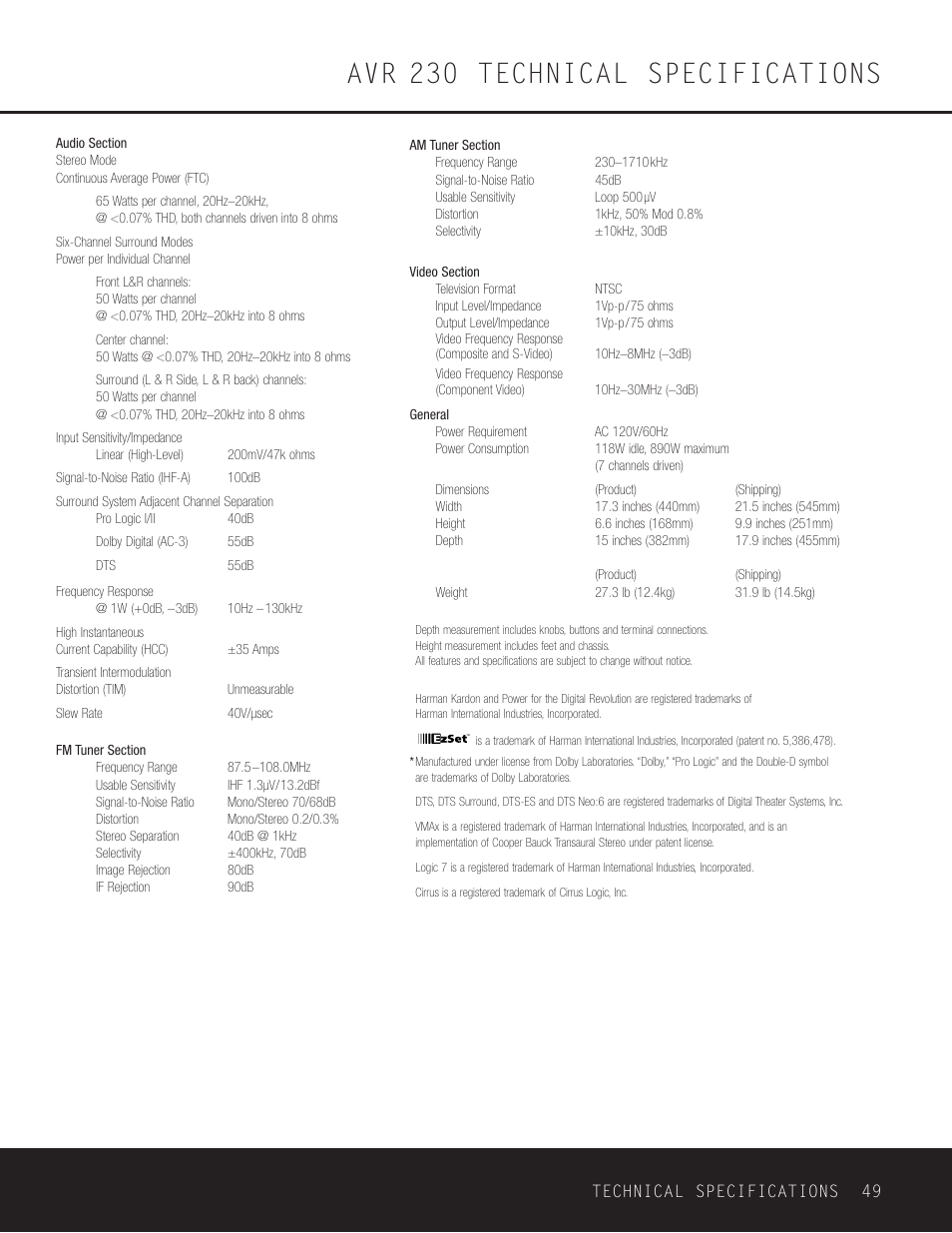 Avr 230 technical specifications | Harman-Kardon AVR 230 User Manual | Page 49 / 52