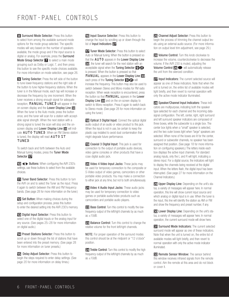 Front-panel controls | Harman-Kardon AVR 230 User Manual | Page 6 / 52