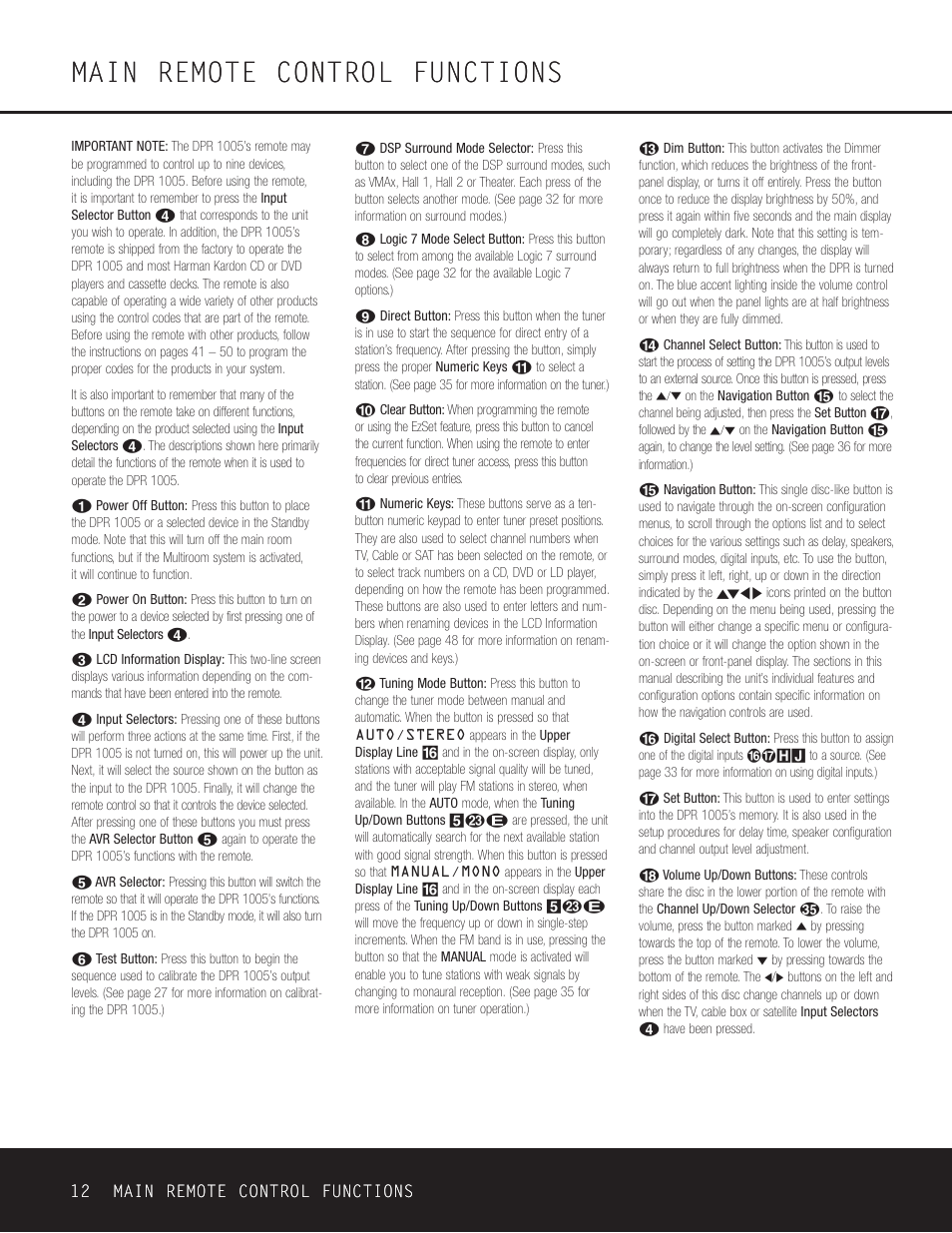 Main remote control functions | Harman-Kardon DPR 1005 User Manual | Page 12 / 52