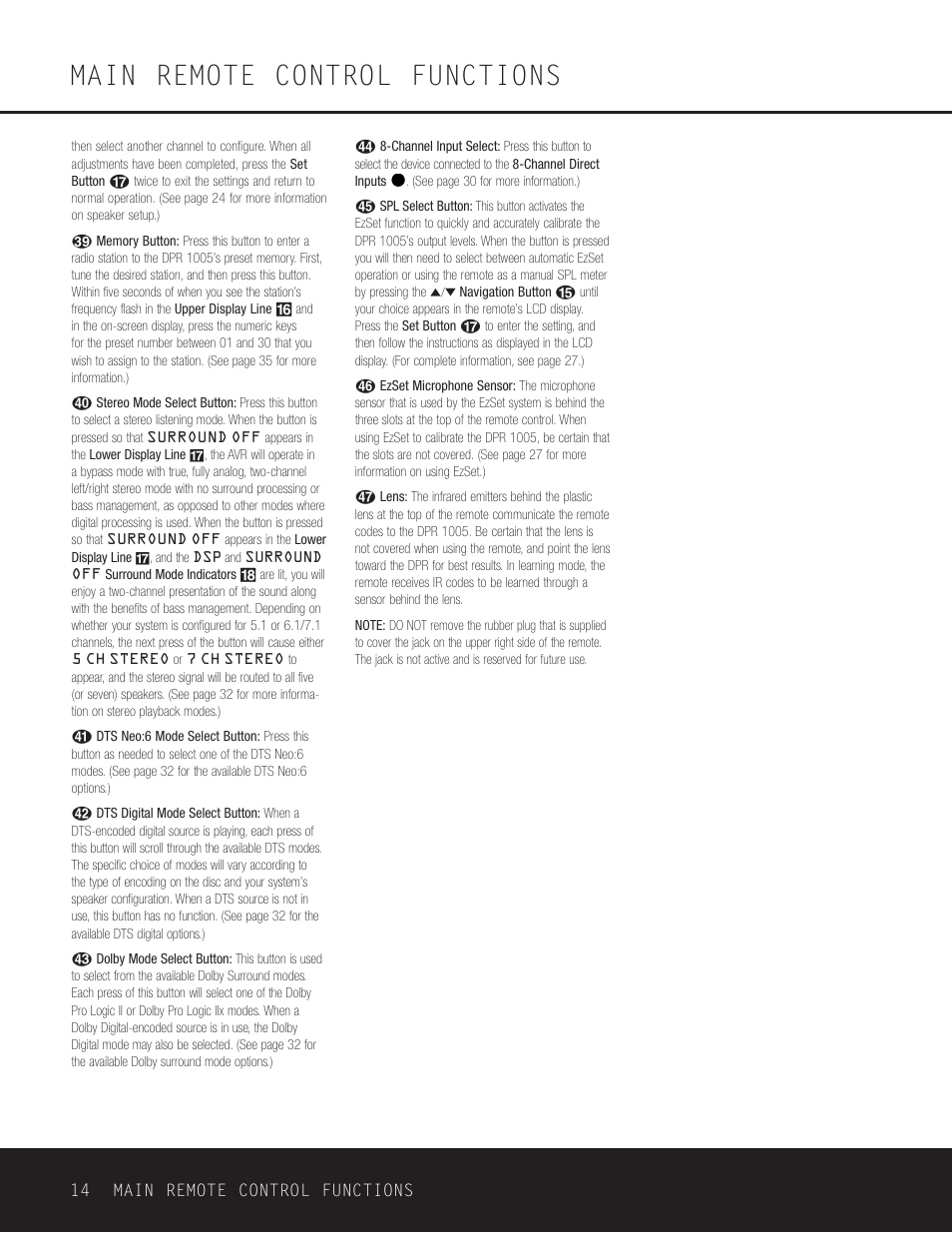 Main remote control functions | Harman-Kardon DPR 1005 User Manual | Page 14 / 52