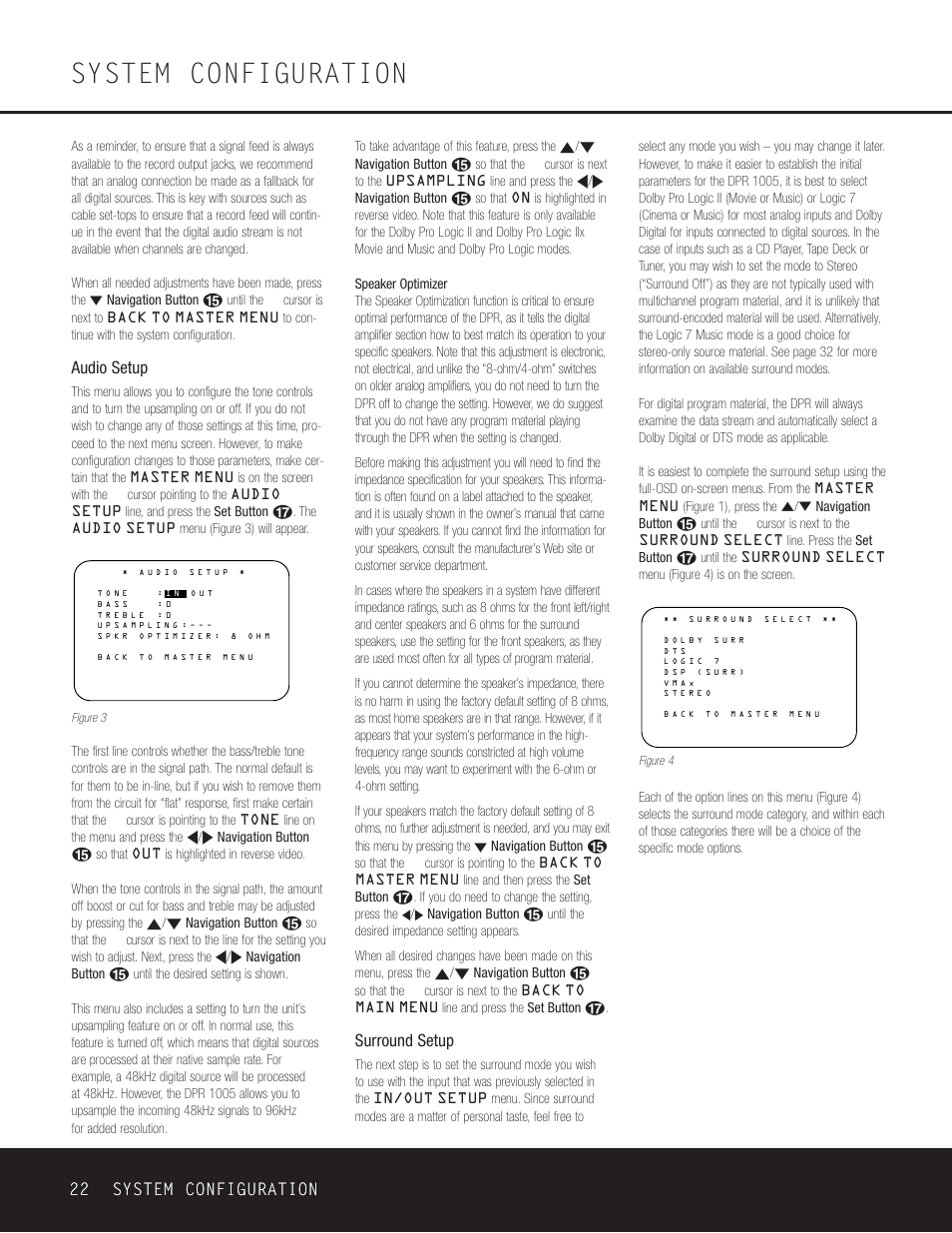 System configuration, 22 system configuration 22 system configuration, Audio setup | Surround setup | Harman-Kardon DPR 1005 User Manual | Page 22 / 52