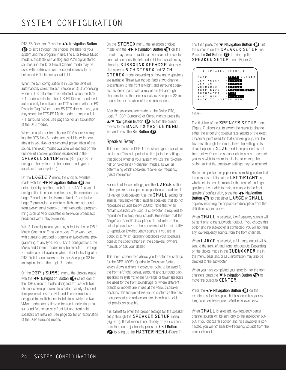 System configuration, 24 system configuration 24 system configuration, Speaker setup | Harman-Kardon DPR 1005 User Manual | Page 24 / 52