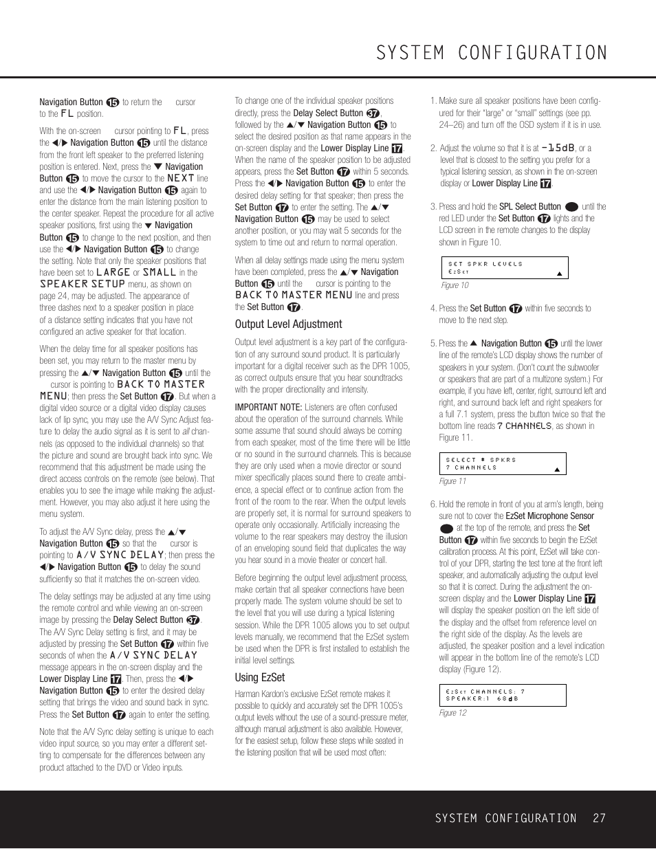 System configuration, System configuration 27, Output level adjustment | Using ezset | Harman-Kardon DPR 1005 User Manual | Page 27 / 52