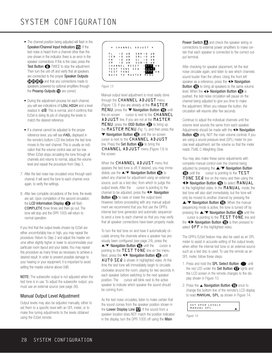 System configuration, 28 system configuration 28 system configuration, Manual output level adjustment | Harman-Kardon DPR 1005 User Manual | Page 28 / 52