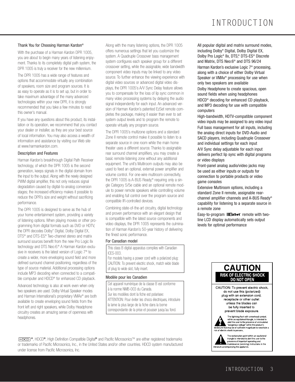 Introduction, Introduction 3 | Harman-Kardon DPR 1005 User Manual | Page 3 / 52