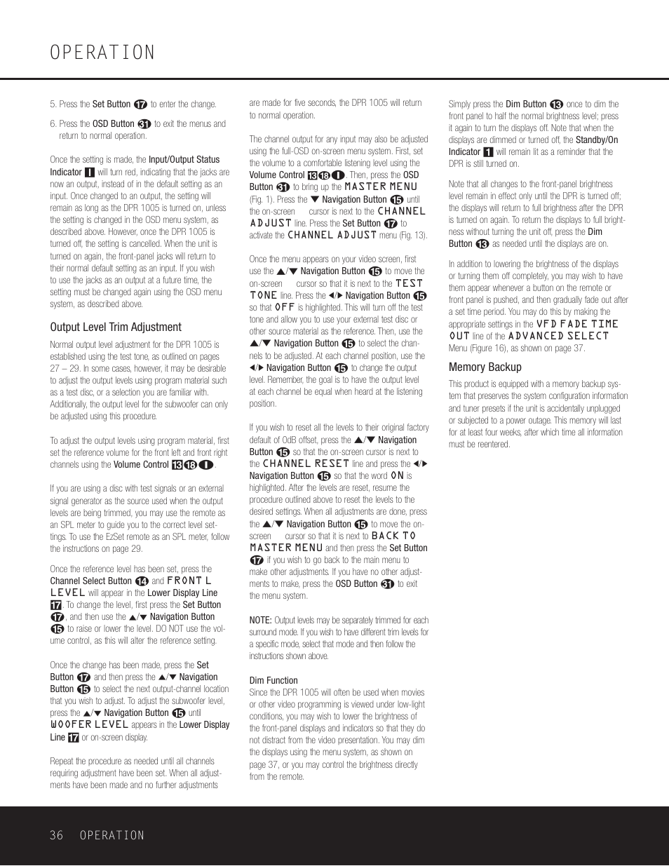 Operation, Output level trim adjustment, 36 operation | Harman-Kardon DPR 1005 User Manual | Page 36 / 52