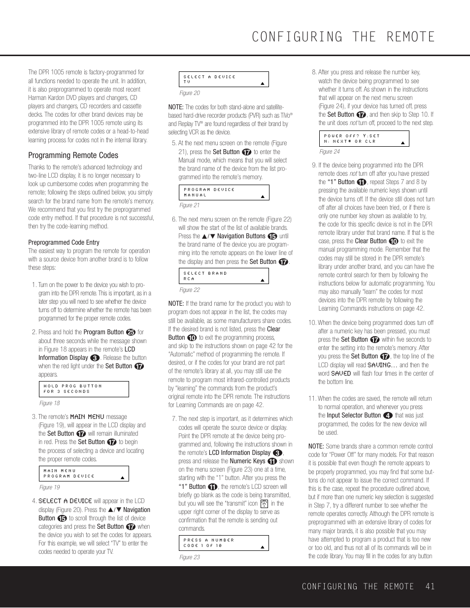Configuring the remote, Configuring the remote 41, Programming remote codes | Harman-Kardon DPR 1005 User Manual | Page 41 / 52