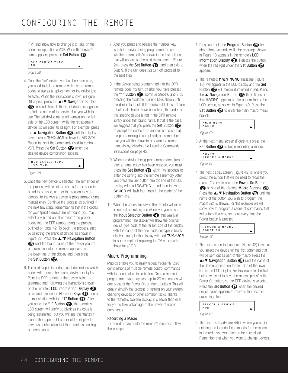 Configuring the remote, Macro programming, 44 configuring the remote | Harman-Kardon DPR 1005 User Manual | Page 44 / 52