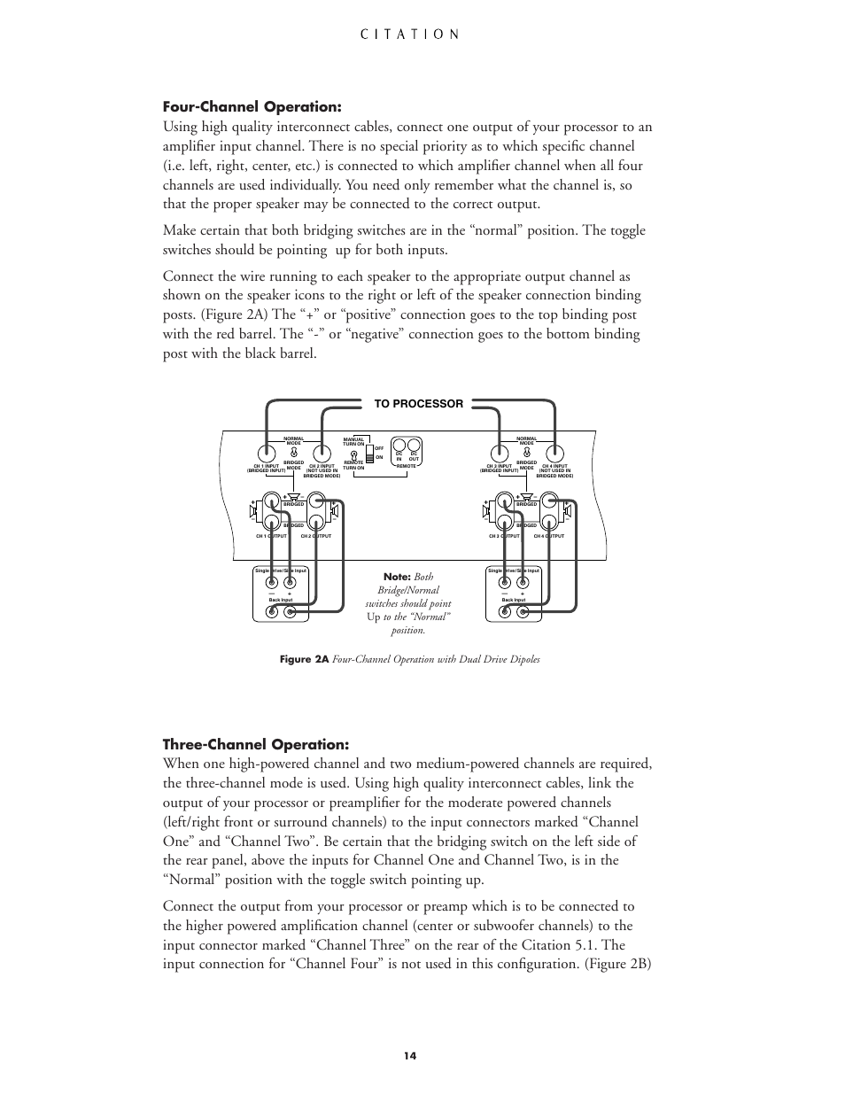 Four-channel operation, Three-channel operation, Four-channel operation with dual drive dipoles | Harman-Kardon CITATION 5.1 User Manual | Page 14 / 24