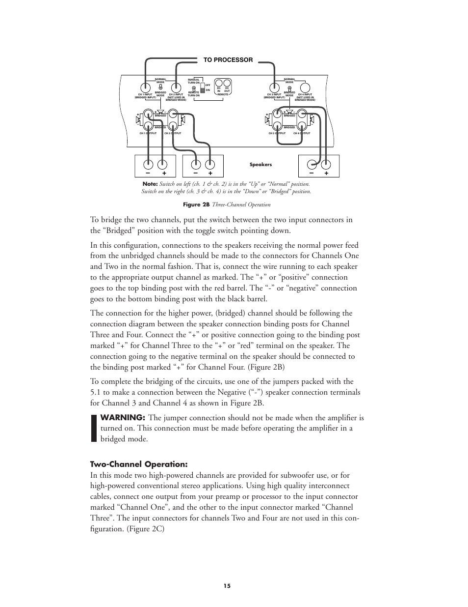 Warning, Two-channel operation, Three-channel operation | Harman-Kardon CITATION 5.1 User Manual | Page 15 / 24