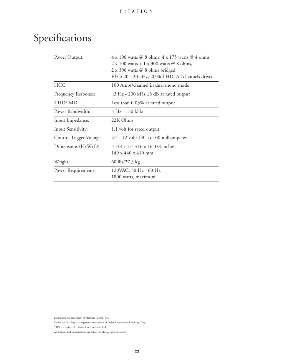 Specifications | Harman-Kardon CITATION 5.1 User Manual | Page 22 / 24