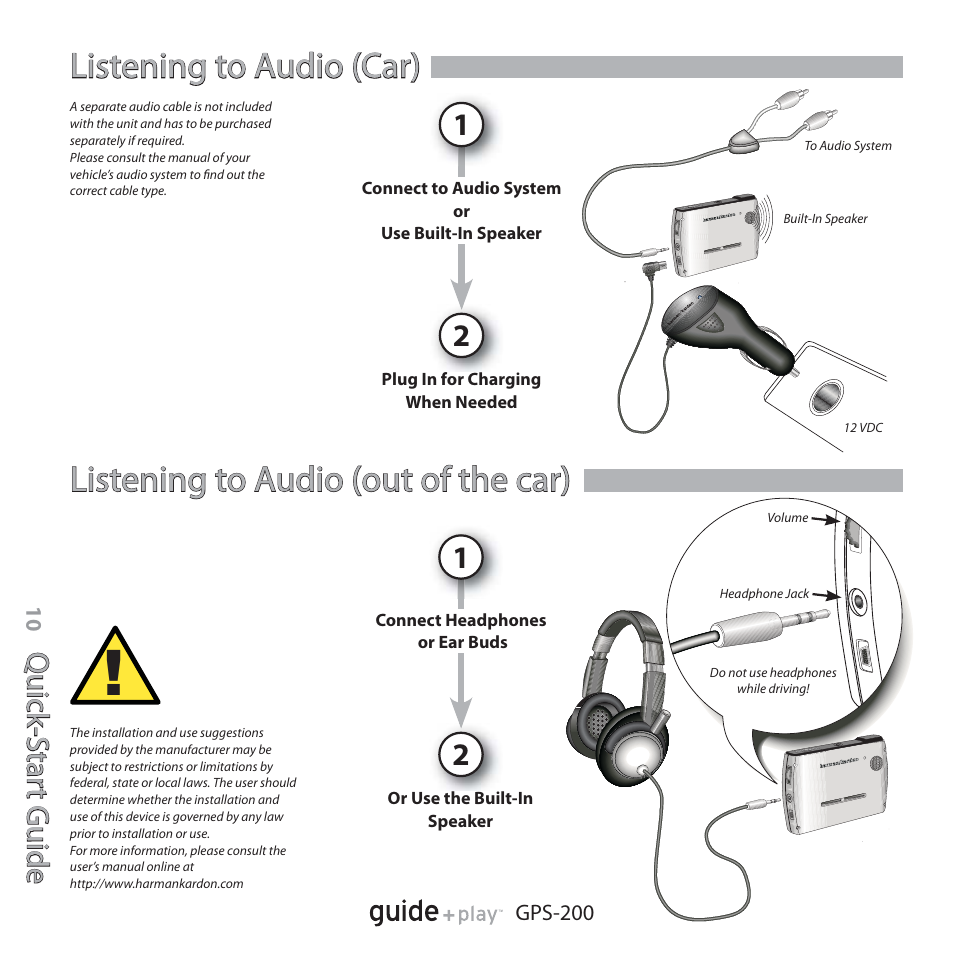 Listening to audio (car), Qu ic k- s ta rt g u id e quick -star t guide | Harman-Kardon GPS-200GSEC User Manual | Page 10 / 12