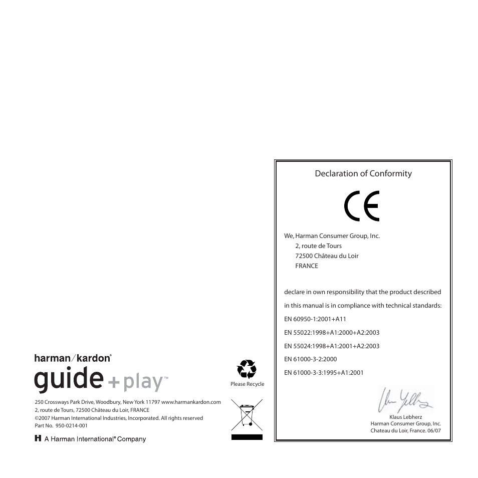 Declaration of conformity | Harman-Kardon GPS-200GSEC User Manual | Page 12 / 12