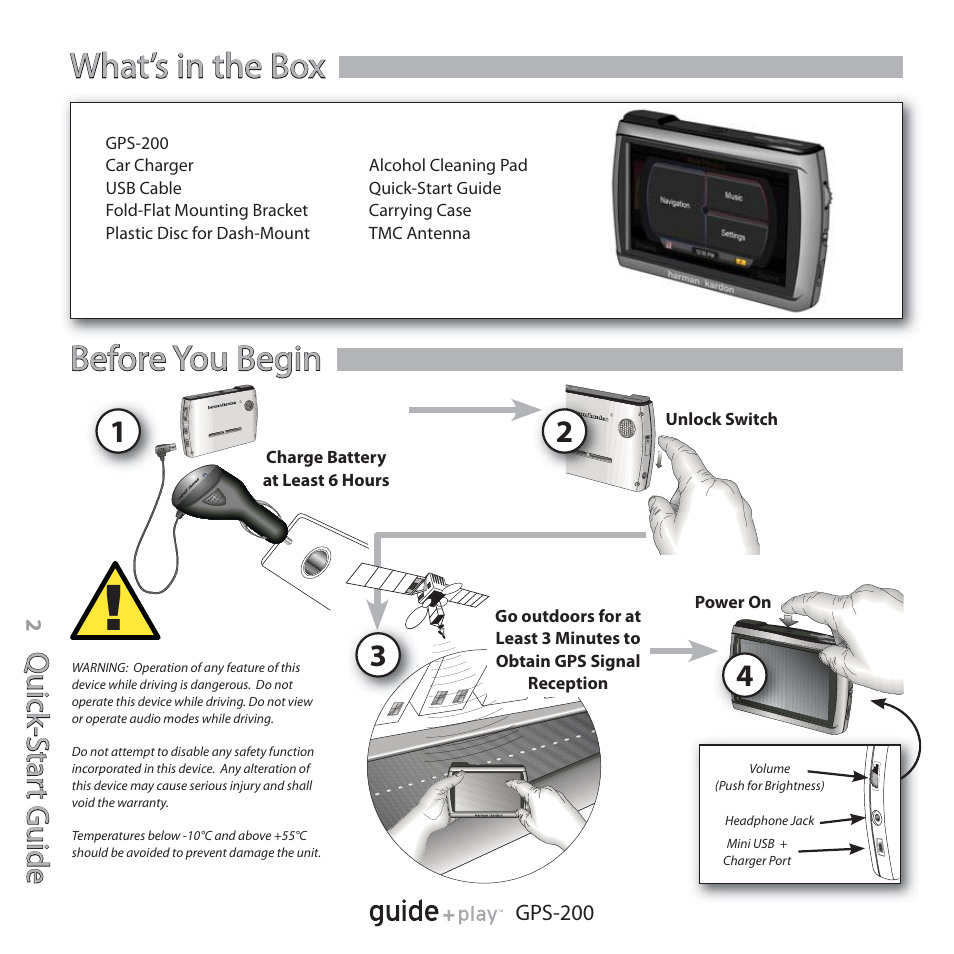 Before you begin, What’s in the box, Qu ic k- s ta rt g u id e quick -star t guide | Harman-Kardon GPS-200GSEC User Manual | Page 2 / 12