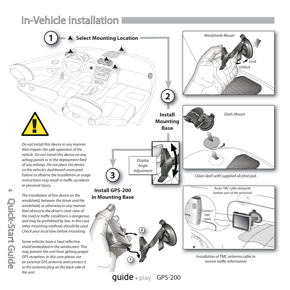 In-vehicle installation, Qu ic k- s ta rt g u id e quick -star t guide | Harman-Kardon GPS-200GSEC User Manual | Page 4 / 12