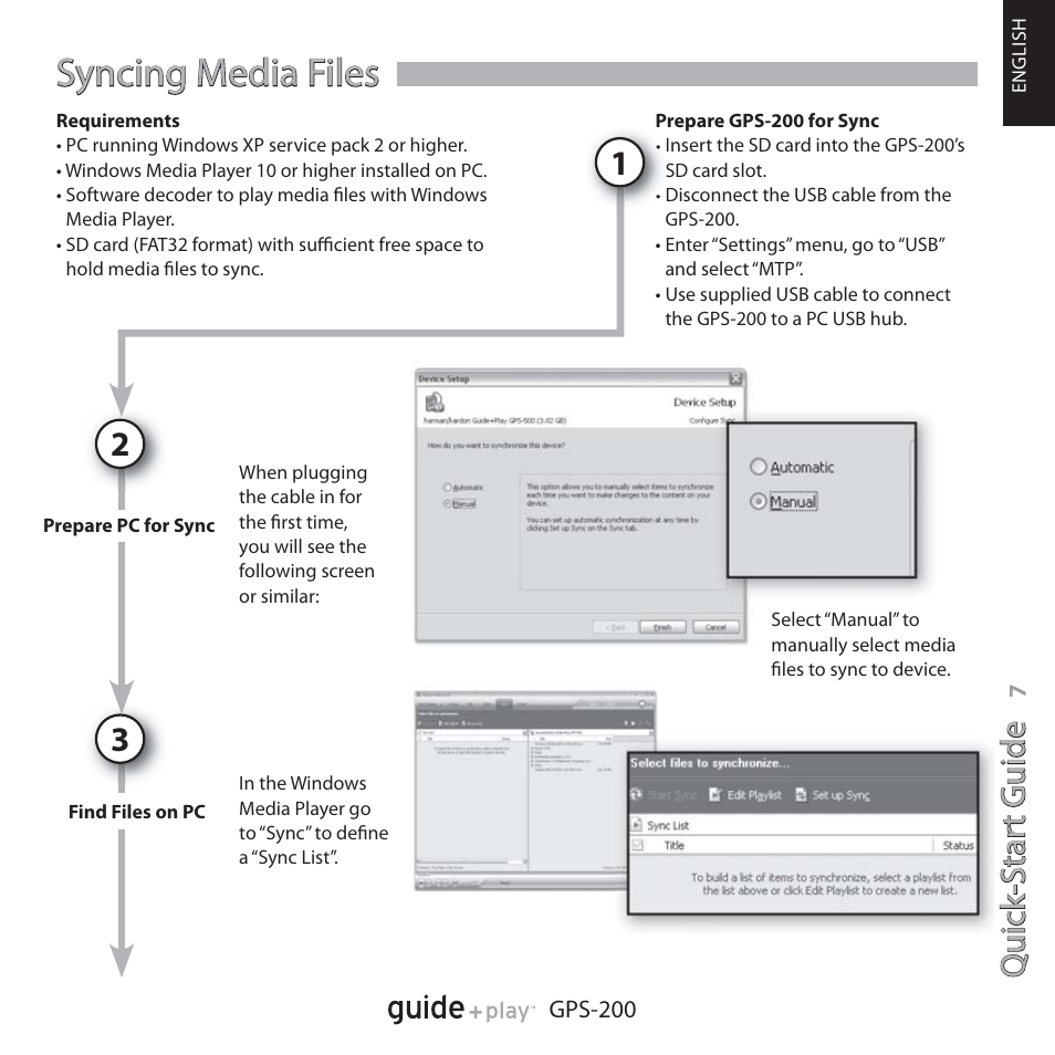 Syncing media files, Qu ic k- s ta rt g u id e quick -star t guide | Harman-Kardon GPS-200GSEC User Manual | Page 7 / 12