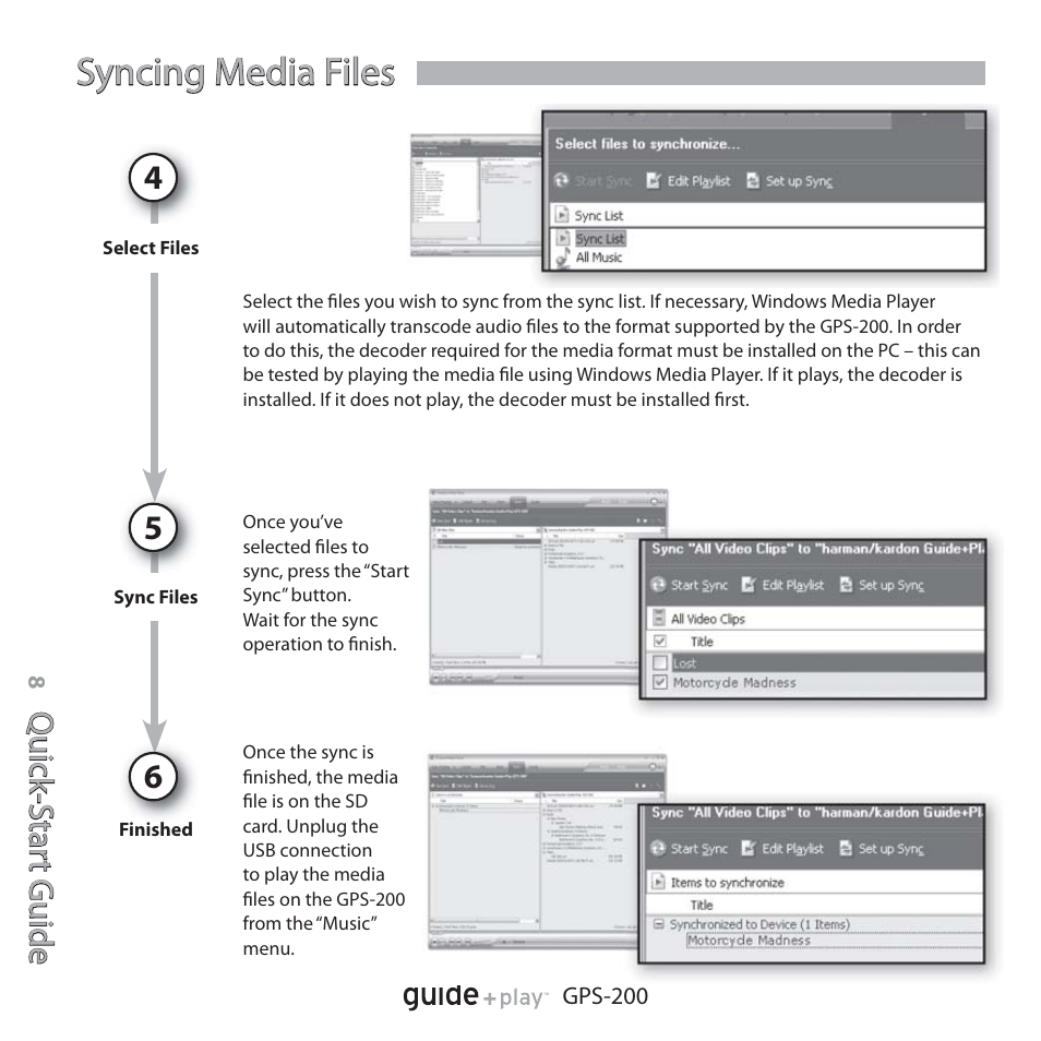 Syncing media files, Qu ic k- s ta rt g u id e quick -star t guide | Harman-Kardon GPS-200GSEC User Manual | Page 8 / 12