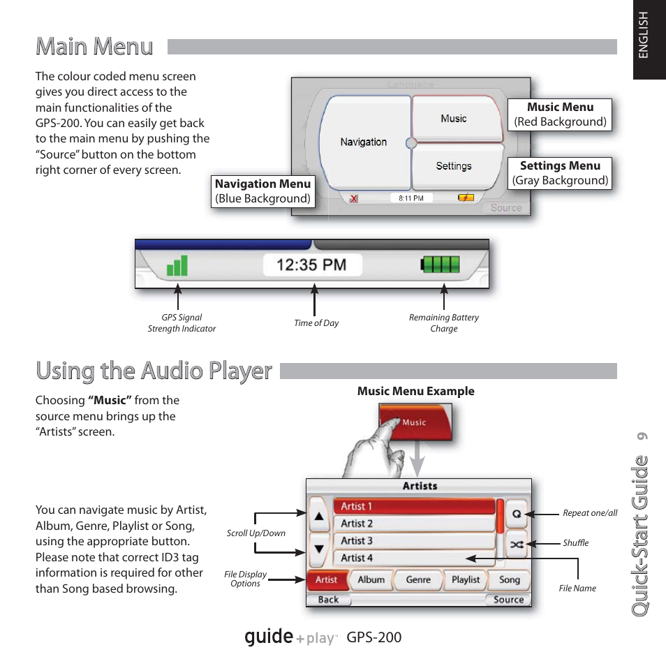 Main menu, Using the audio player, Qu ic k- s ta rt g u id e quick -star t guide | Harman-Kardon GPS-200GSEC User Manual | Page 9 / 12
