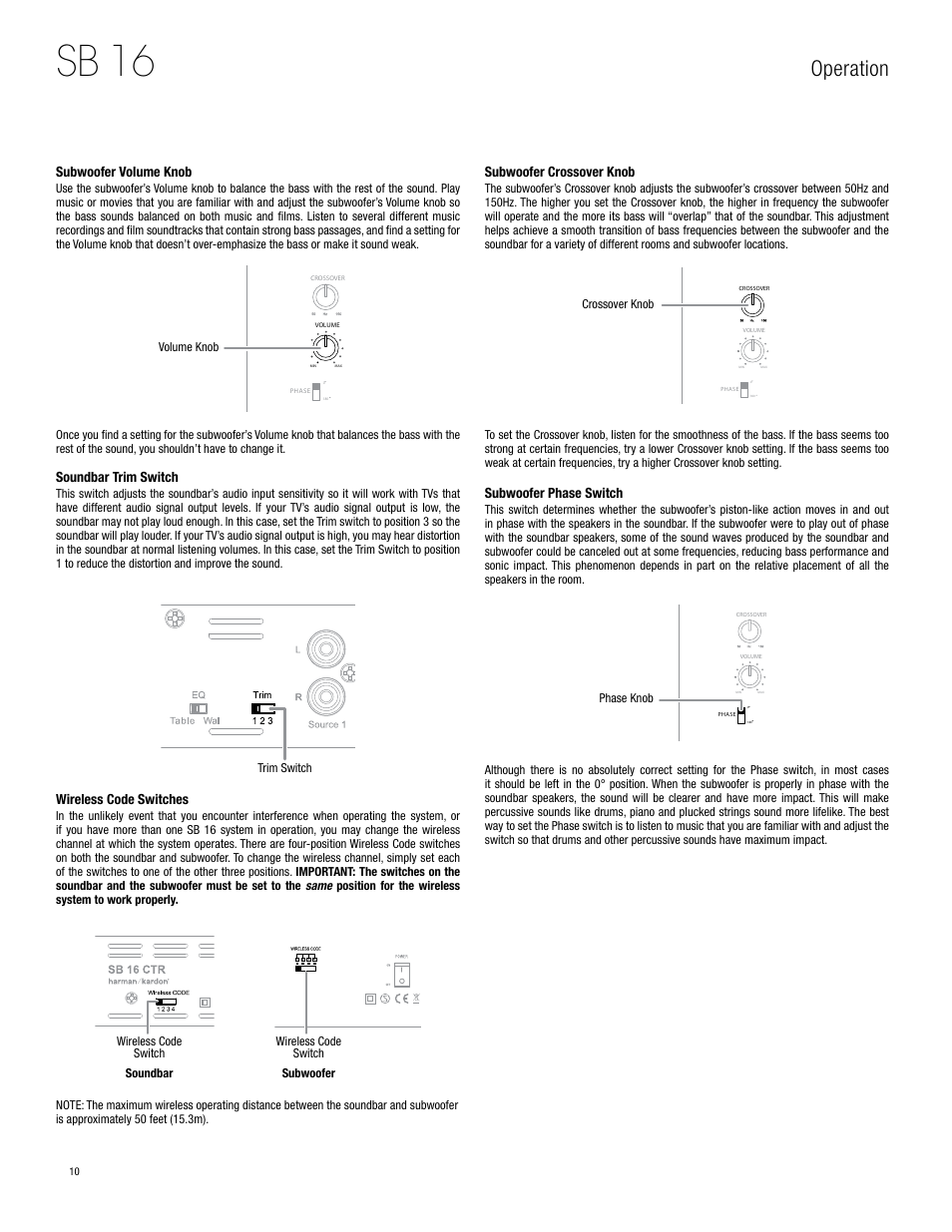 Sb 16, Operation, Trim | Volume knob, Subwoofer volume knob, Soundbar trim switch, Wireless code switches, Subwoofer crossover knob, Subwoofer phase switch | Harman-Kardon SB 16 User Manual | Page 10 / 14