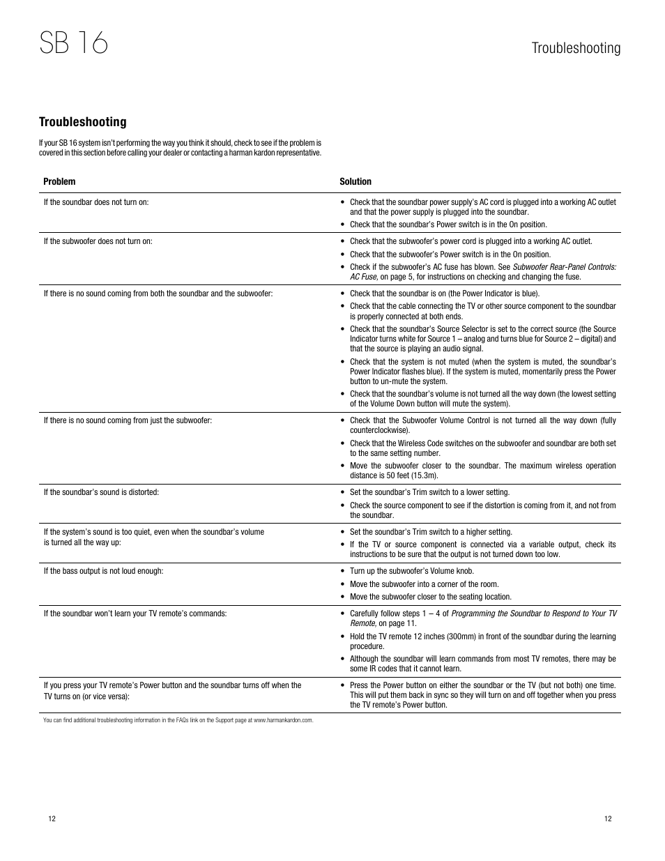 Sb 16, Troubleshooting | Harman-Kardon SB 16 User Manual | Page 12 / 14