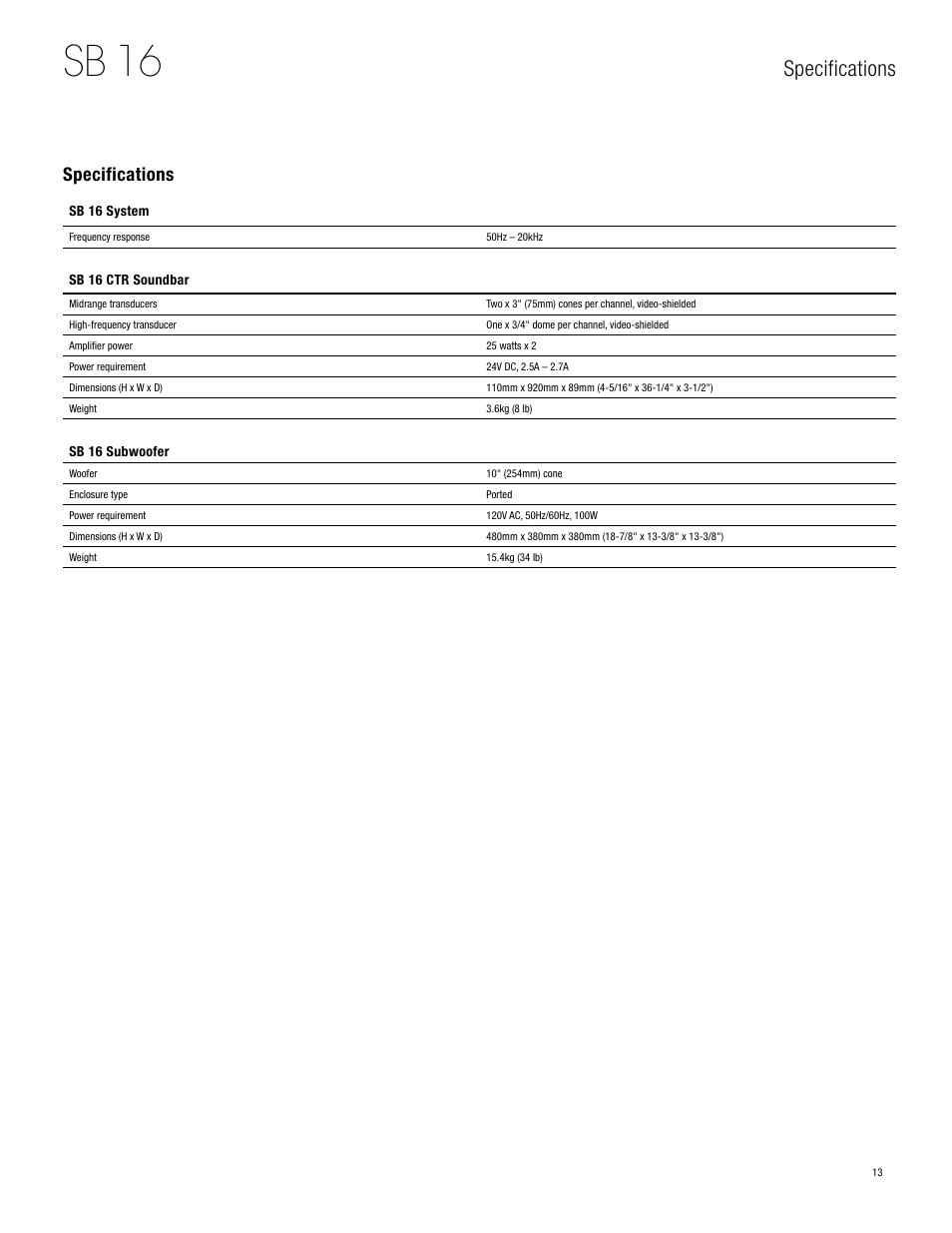 Sb 16, Specifications | Harman-Kardon SB 16 User Manual | Page 13 / 14