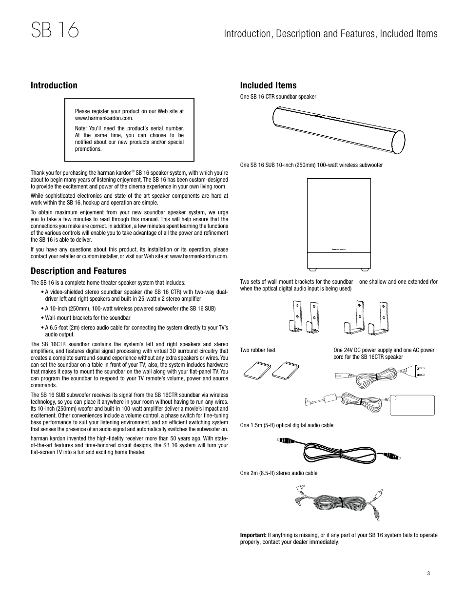 Sb 16, Introduction, Description and features | Included items | Harman-Kardon SB 16 User Manual | Page 3 / 14