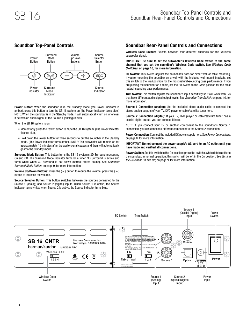 Sb 16, Soundbar top-panel controls, Soundbar rear-panel controls and connections | Harman-Kardon SB 16 User Manual | Page 4 / 14