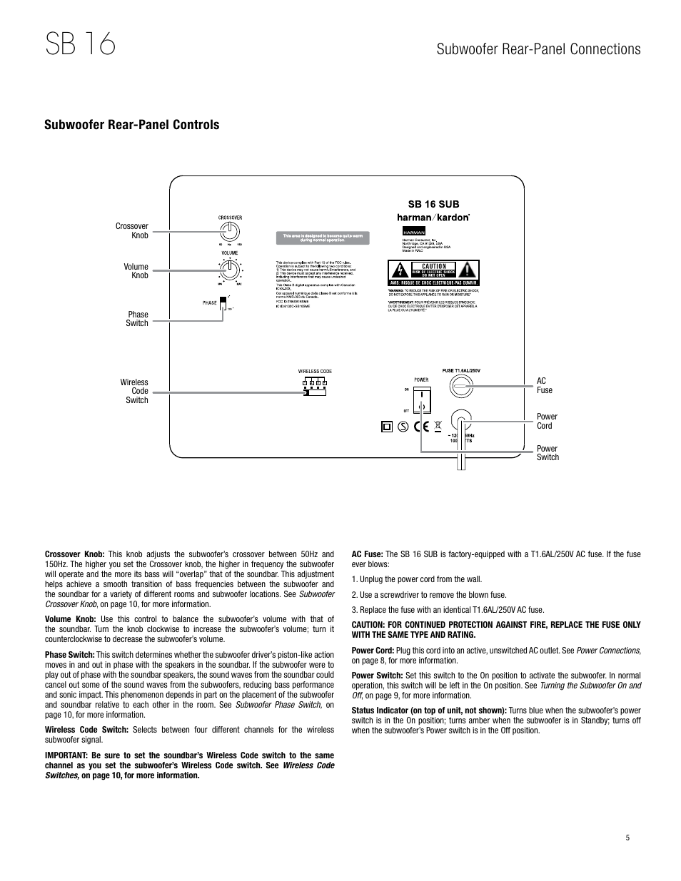 Sb 16, Subwoofer rear-panel connections, Subwoofer rear-panel controls | Harman-Kardon SB 16 User Manual | Page 5 / 14