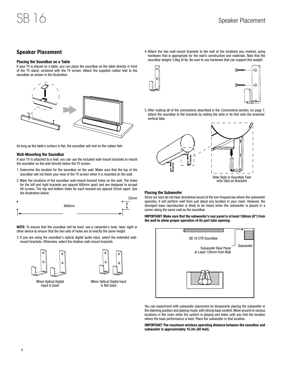 Sb 16, Speaker placement | Harman-Kardon SB 16 User Manual | Page 6 / 14