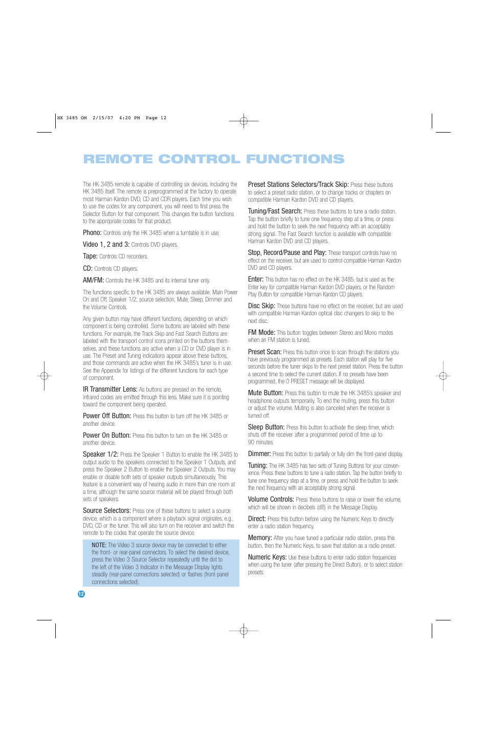 Remote control functions | Harman-Kardon HK 3485 User Manual | Page 12 / 28